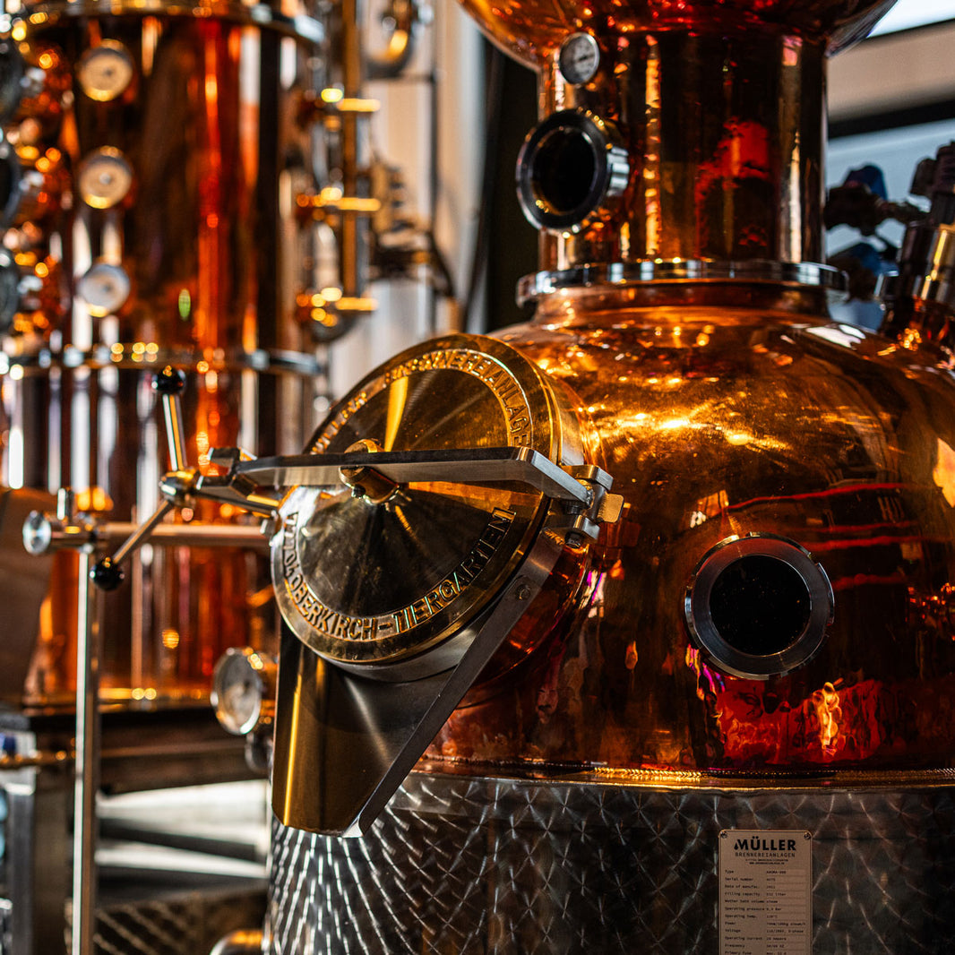 Copper Müller distillation system illuminated in evening light with visible distillation columns and pipes